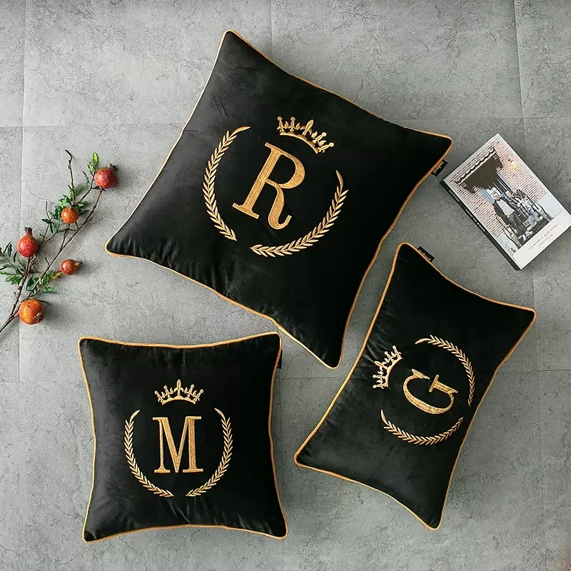 simple black velvet gold letters embroidered cushion cover waist pillowcase decorative pillow cover backrest