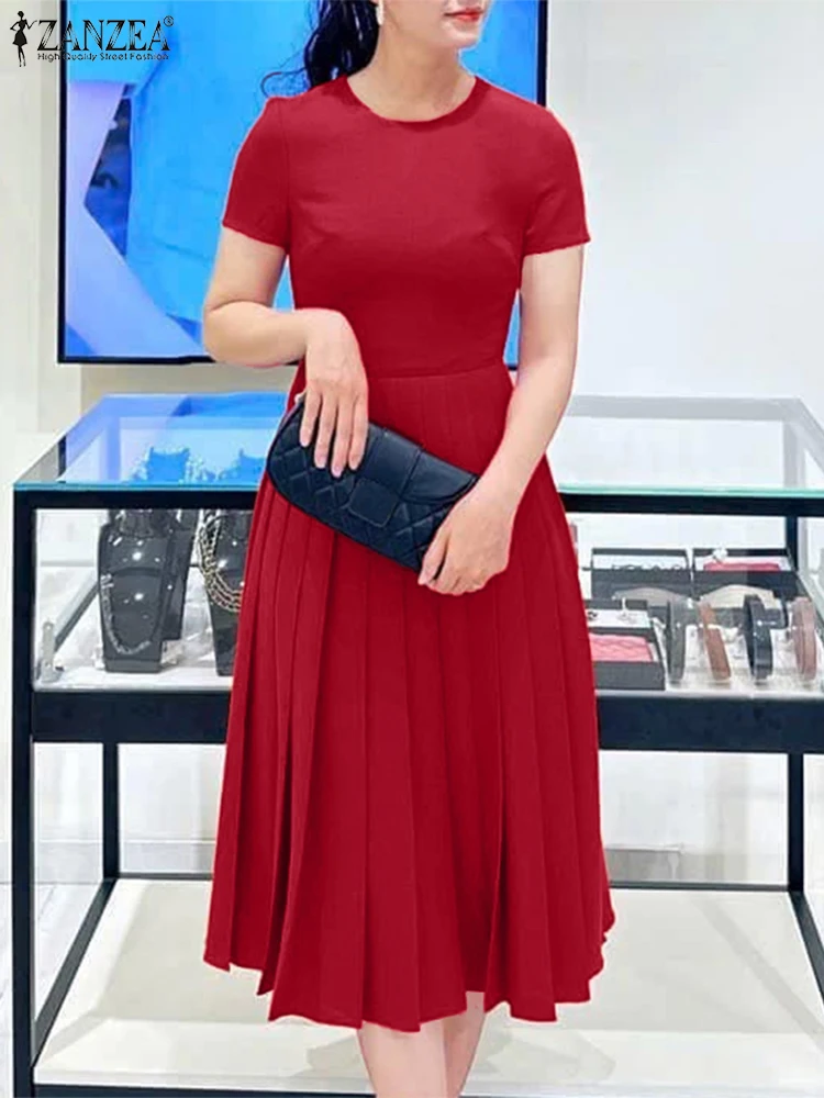 

Elegant Solid Color Dress Women High Waist Office Sundress Fashion Short Sleeve Vestidos Casual A-Line Midi Robe ZANZEA 2025