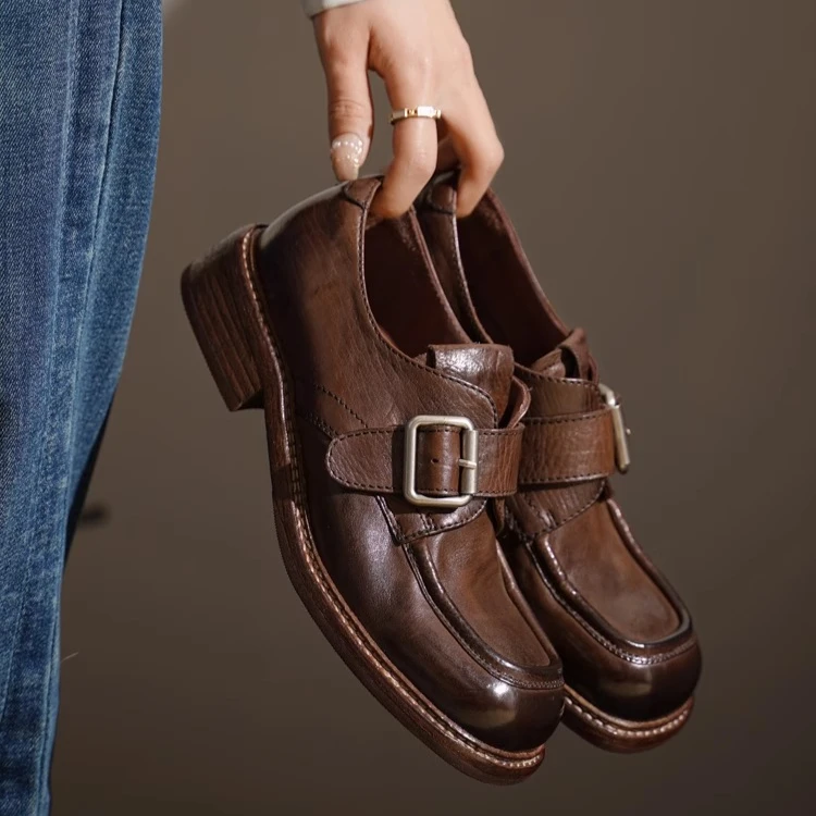

New Italian washed cowhide French belt buckle British Casual Dress Loafers Women Genuine Leather Shoes Female High Heels Pumps