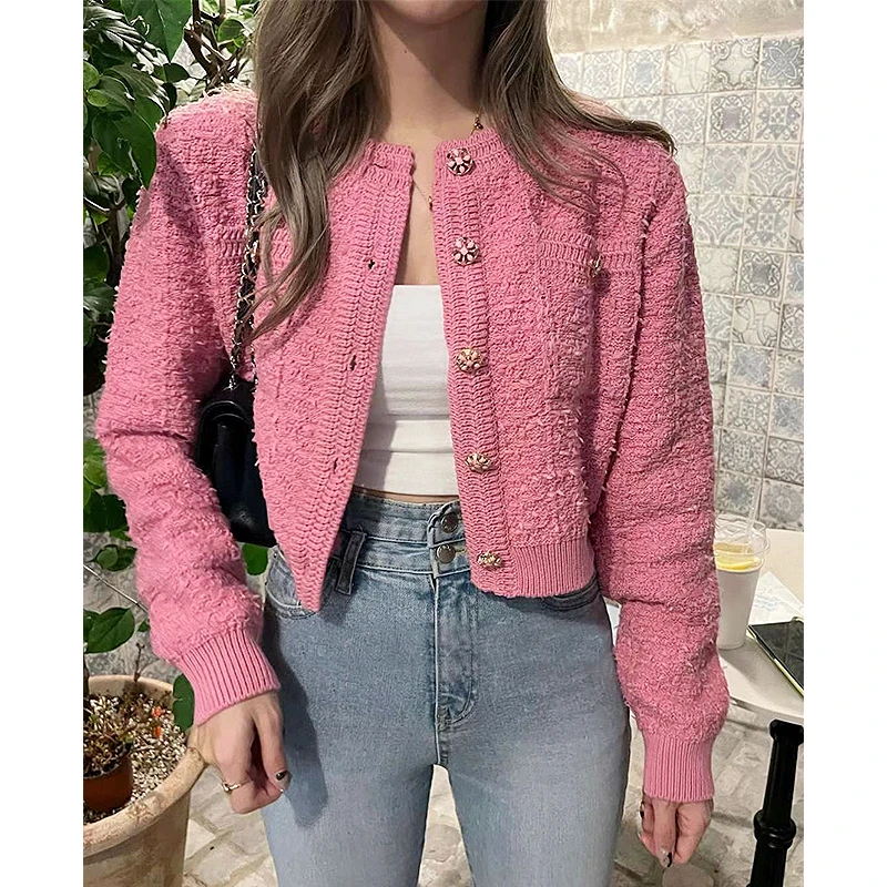 Sueters De Mujer Cropped Cardigan Women Sweet Pull Femme Female Pink  Coat Korean Fashion Knitted  Feminino