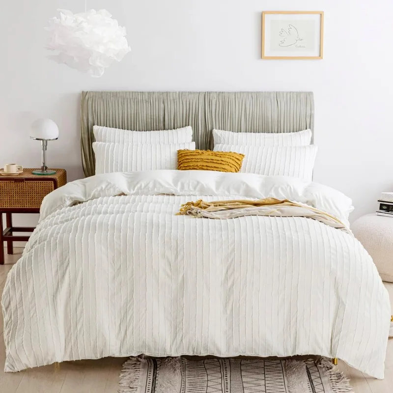 

White Duvet Cover Queen Size - 3PCS Microfiber Boho Striped Tufted Textured Duvet Cover with Corner Ties & Zipper Closure