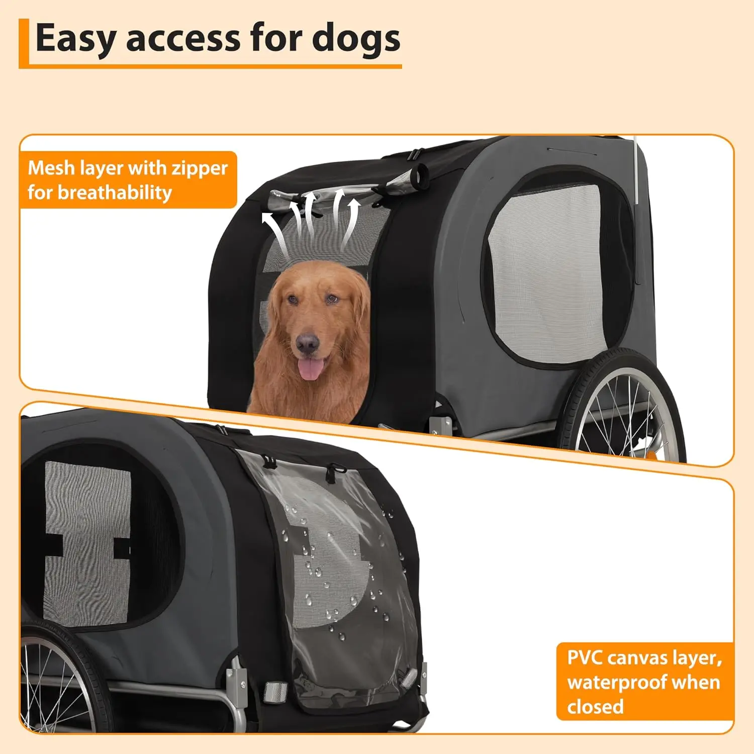 Dog Bike Trailer & Jogging Stroller, Collapsible Frame for Medium/Large Dogs up to 88lbs - Ventilated, Waterproof, Quick-Release Aluminum Wheels, Compatible Hitch