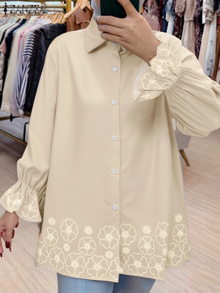 

ZANZEA Muslim Woman Printed Shirts 2025 Fashion Turn-Down Collar Flared Sleeve Button Up Chemise Femme Islamic Hijab Casual Tops