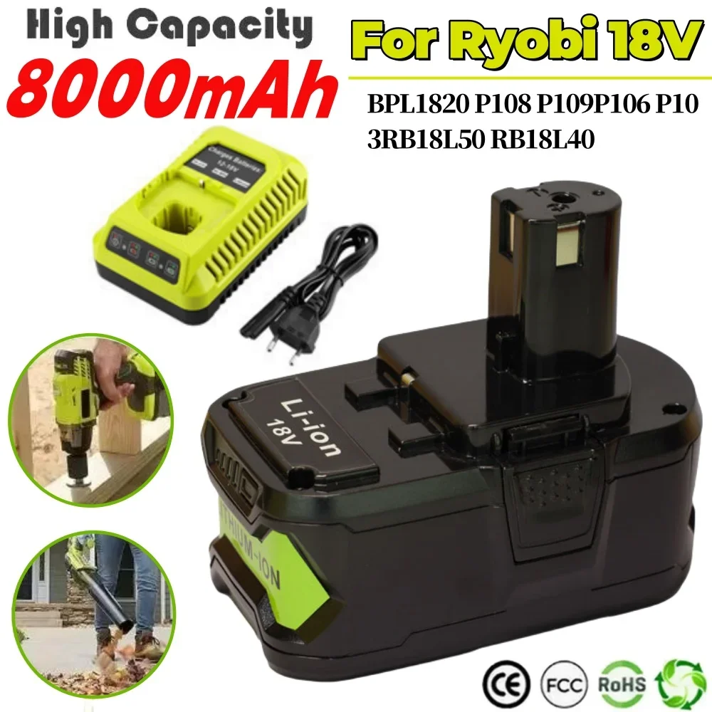 

8.0Ah For RYOBI 18V Battery P108 18V Lithium-Ion Power Tools P104 P107 RB18L50 RB18L20 P108