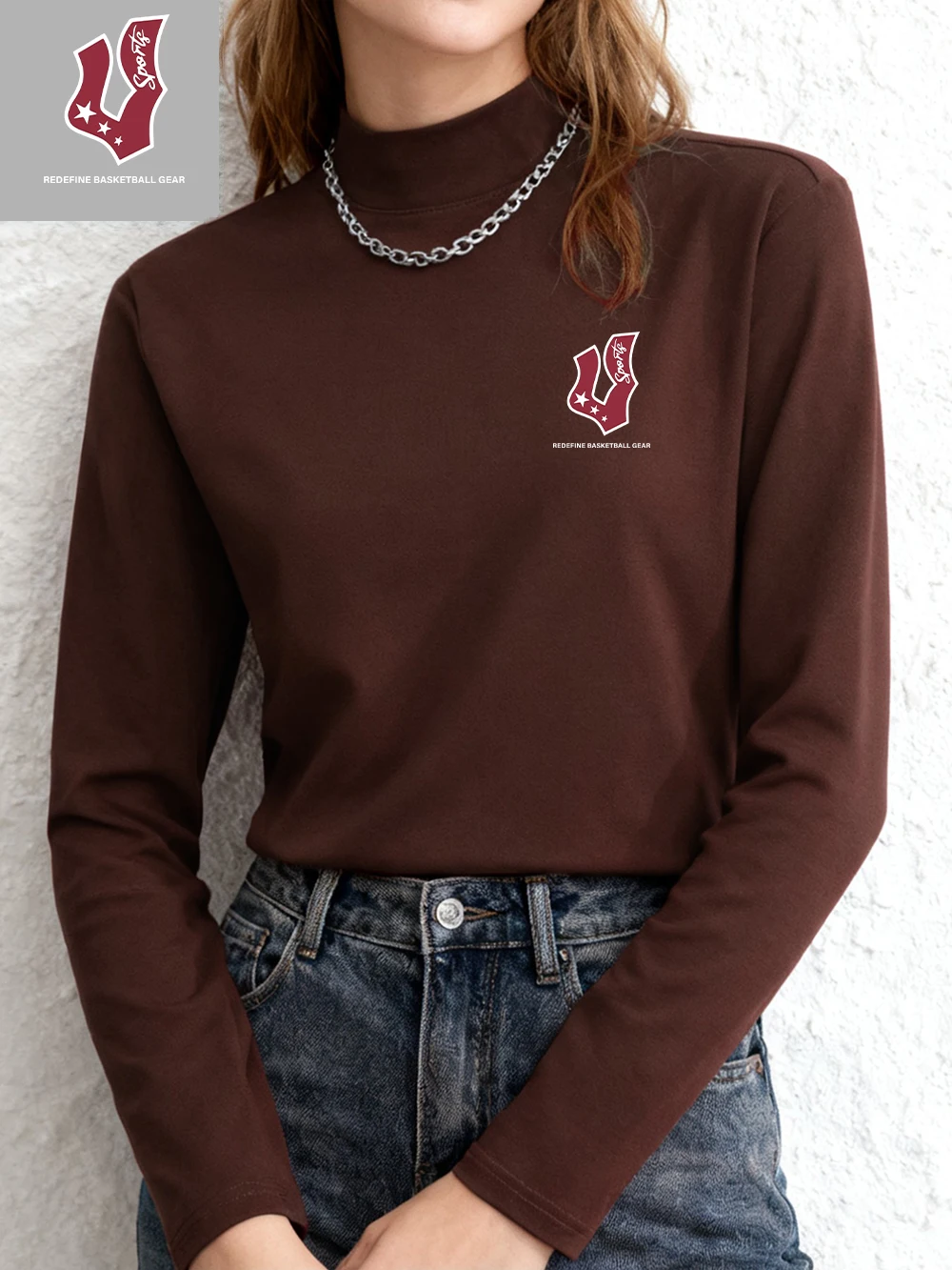 Redefine-Camiseta con estampado de equipo de baloncesto para mujer, camisa de manga larga de otoño, camisetas ajustadas cálidas de medio cuello, ropa básica