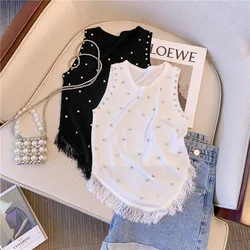 Fashion Sleeveless T Shirt Round Neck Rhienstone Diamonds Tassel Slim Knitted Tank Tops Women Vest 2023 Summer New Tee Knit Wear