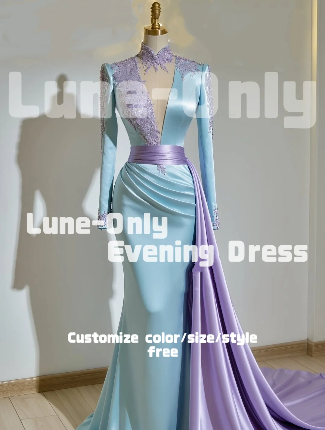 カスタマイズされたライトブルーライラックサテンアップリケエレガントな女性のイブニングドレス長袖フォーマルな機会ウエディングドレスパーティードレス