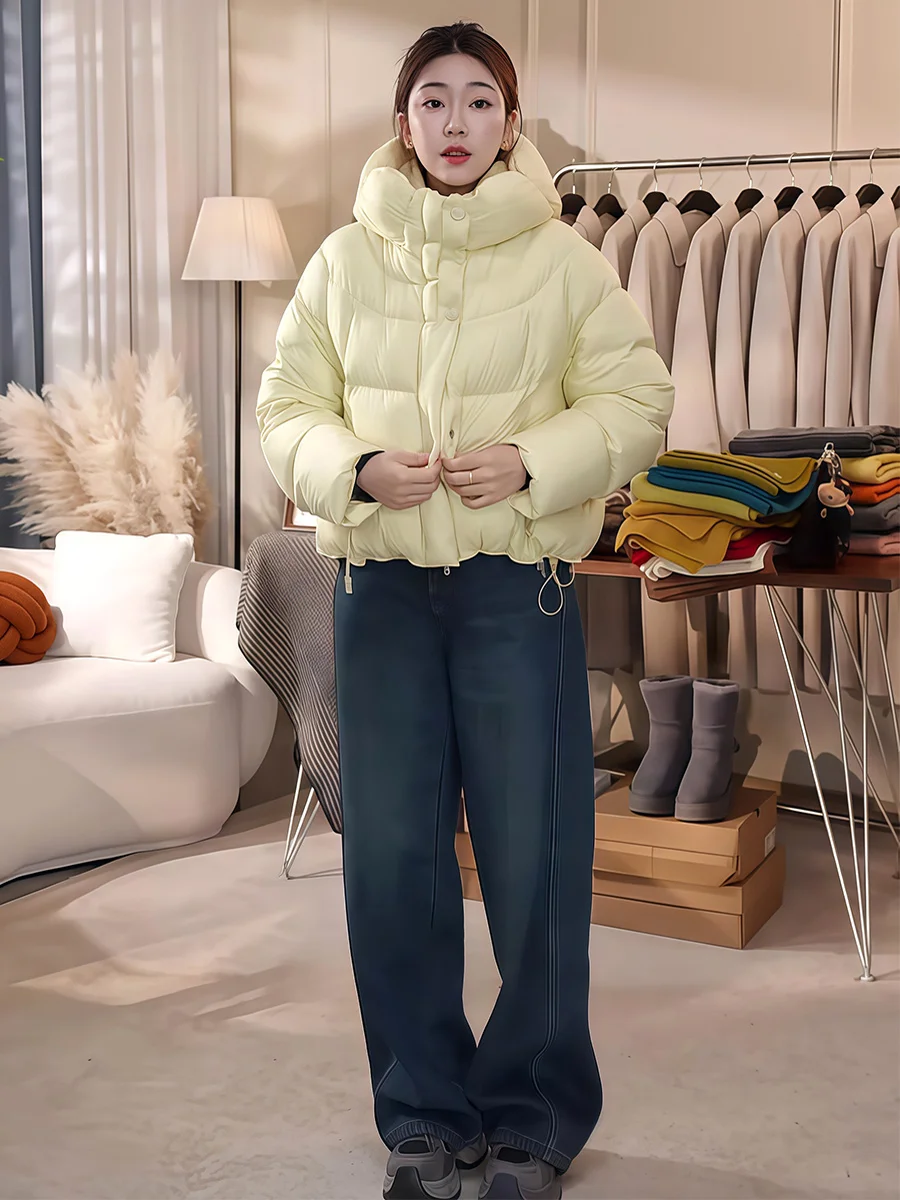 

Korean Sle ort Puff down Jaet Women Winter Hat Inteated Thiened Warm Outerwear White Du Feather Bread Clothes