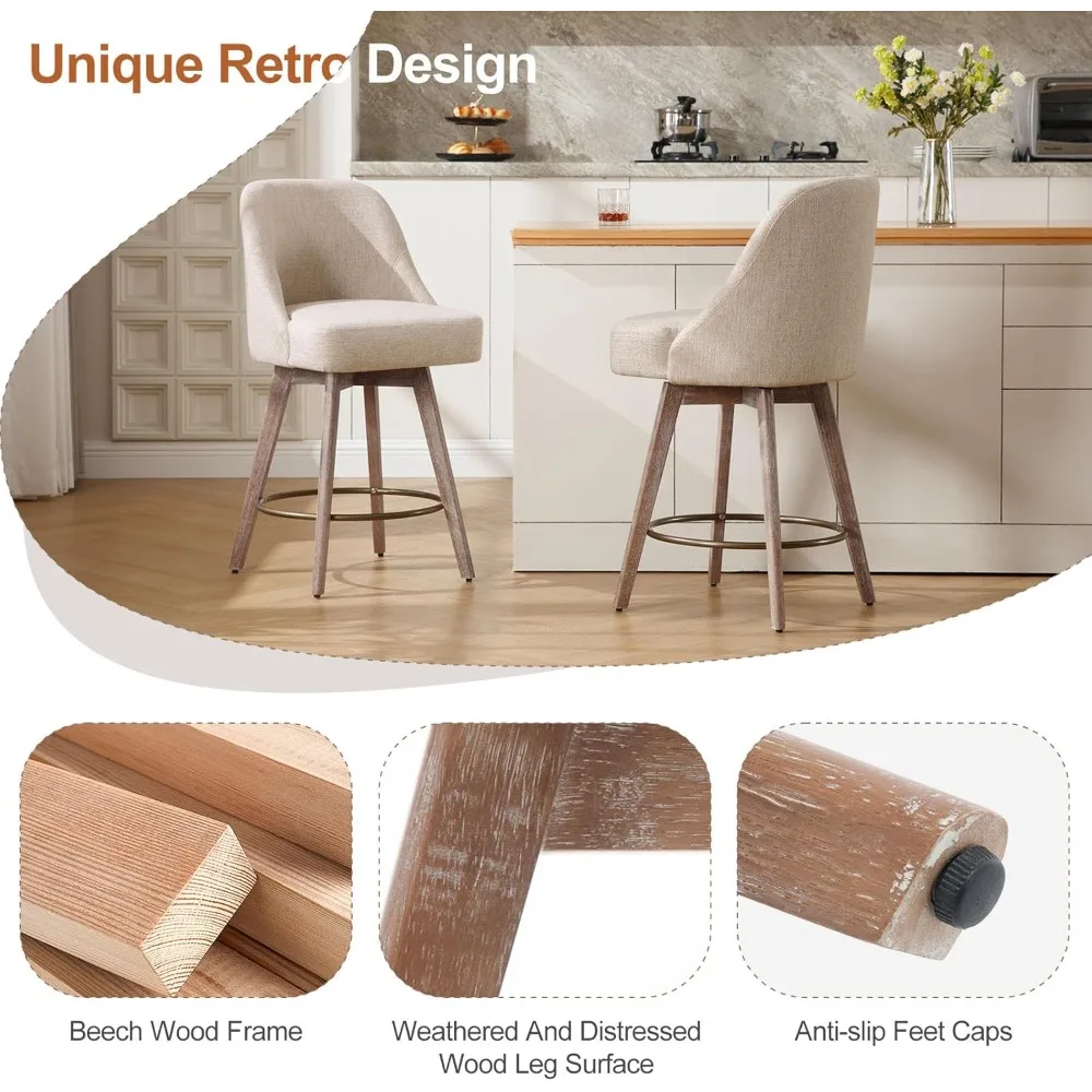 Counter Height Bar Stools Set,Modern Mid-Century Swivel Barstools with Backs and Wood Legs,Linen Fabric Upholstered Chairs