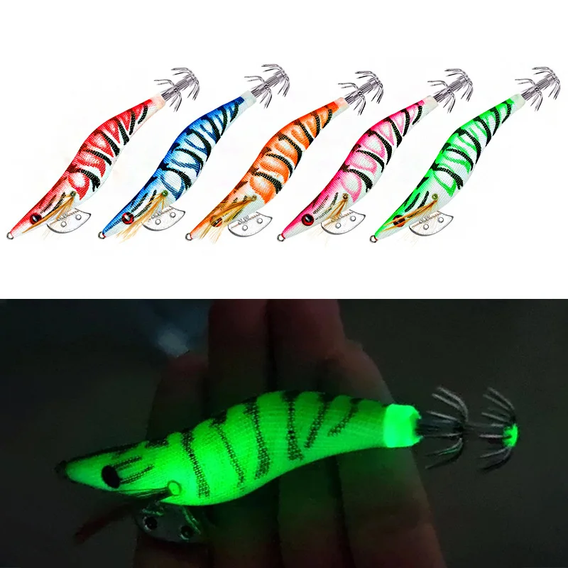 Squid Bait 2.5# 3.0# 3.5# Artificial Wood Shrimp Jigging Lures Slow Sinking Squid Hooks Sea Fishing Octopus Cuttlefish Luminous