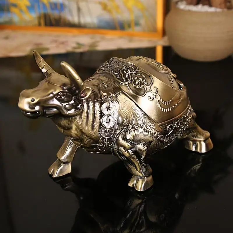 1pc Ashtray Anti-fly Ash Buffalo Shape Ashtray Cattle Shape Office Cover Ashtray Alloy Smoking Accessory Home Living Room