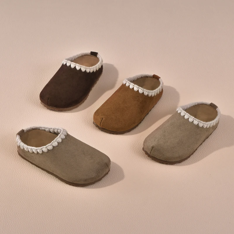 

Детские ретро-тапочки из мягкой замши с кружевной отделкой, повседневная обувь для дома и улицы для мальчиков и девочек, нескользящие, легко надеваемые