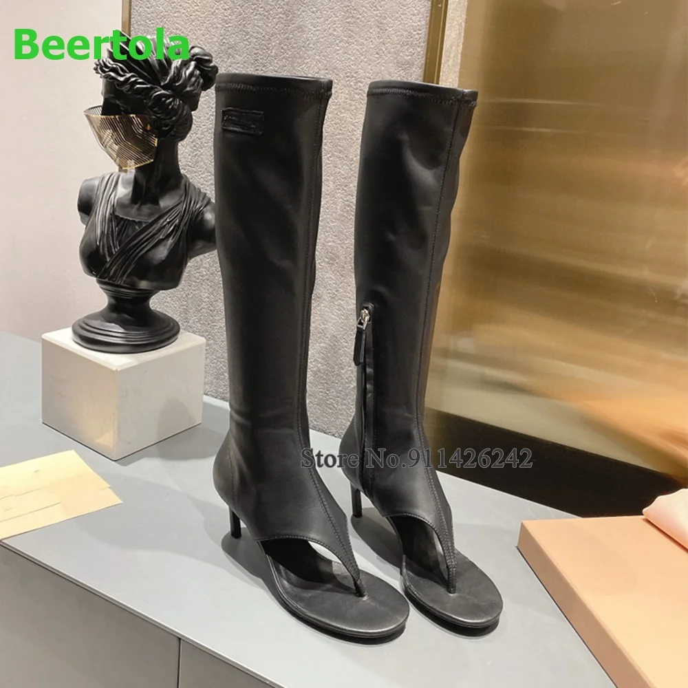 Flip-flops Real Leather Elastic Luxury Boots For Female Women Round Toe Sandals Side Zipper Thin High Heel Solid Fashion Shoes