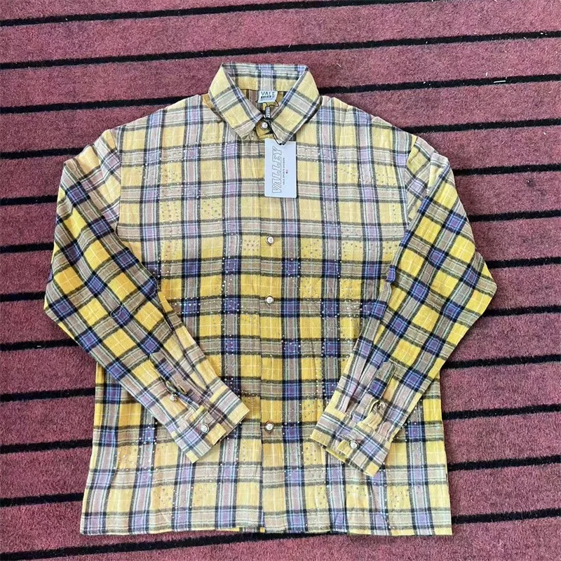 

Real Photo VALLEY Yellow Plaid Shirts Men Women Hot Drill Print American Vintage Pure Cotton Vale Oversized Shirts