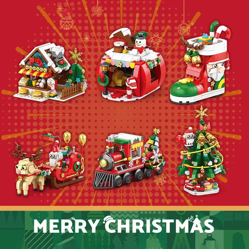 Winter Christmas Gingerbread House Elk Carriage Small Train Christmas Stockings Building Blocks Bricks New Year Toys