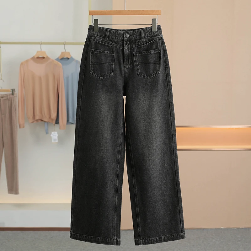 

Джинсы с высокой талией и прямыми штанинами, темно-синие, новые, весенние, женские, модные, повседневные, хлопковые брюки, эластичные, микро-эластичные, весна 2025
