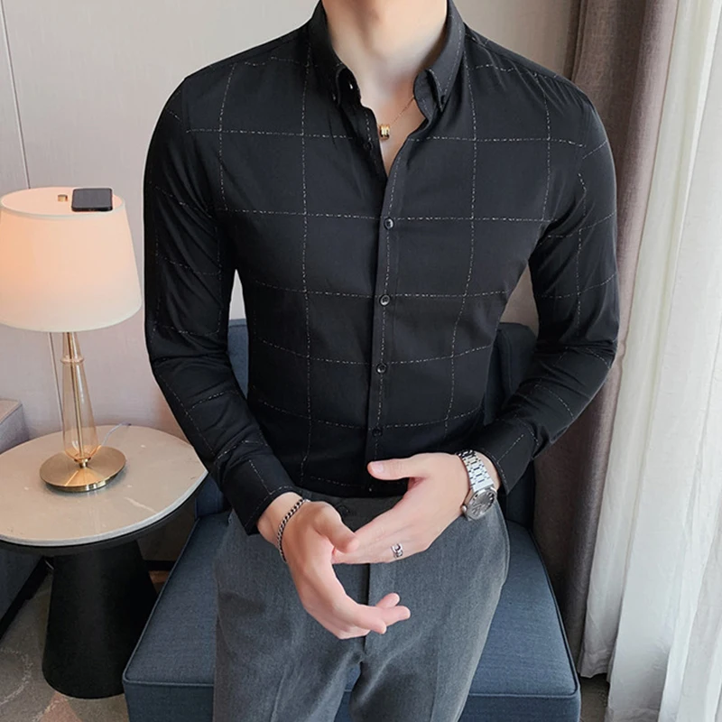 

2022 Men's Plaid Shirt Slim Fit Trendy Business Long Sleeve Social High Quality Luxury Male Stylish Formal Blouses