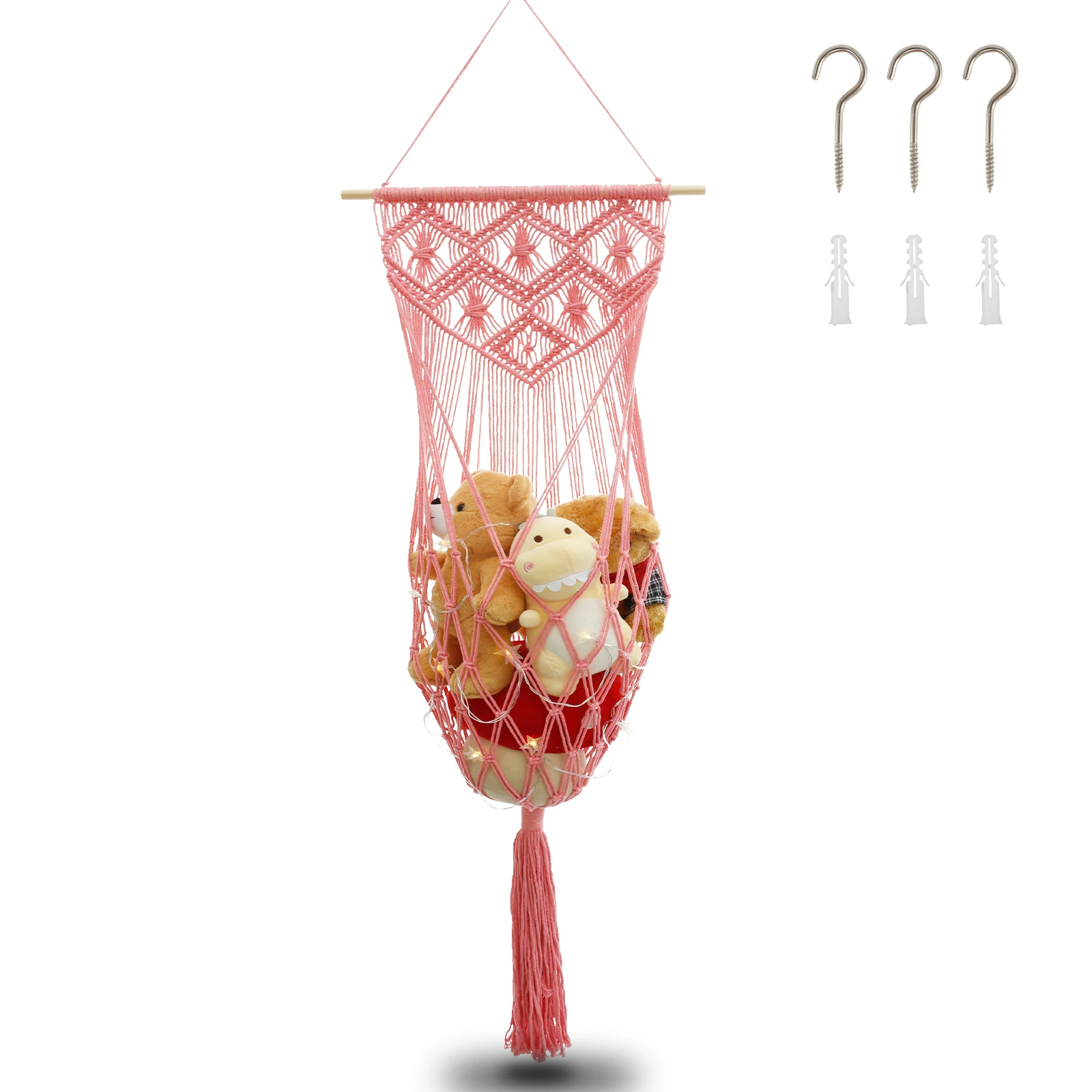 Toy Hammock Pink Wall Hanging Stuffed Animal Hammock Corner Stuffed Animal Net with String Light Easy to Install Toy Hammock for