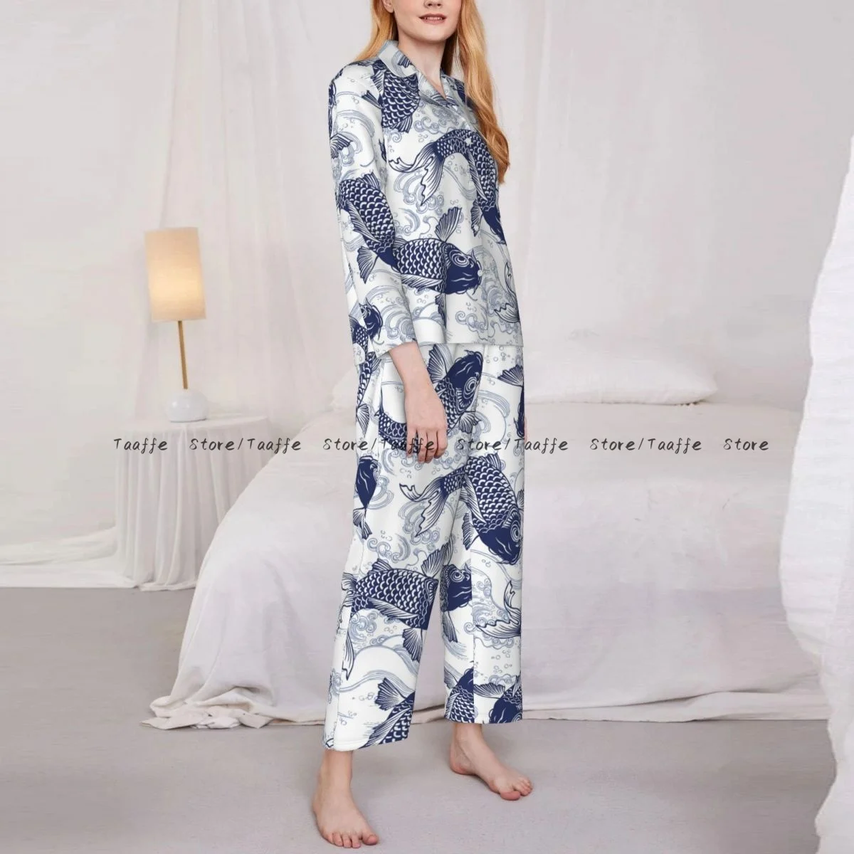 Blue Fish Carp Koi Wave Pattern Womens Pajamas Loungewear Two-piece Sleepwear Button-Down Full Sleeve Long Pajamas Set