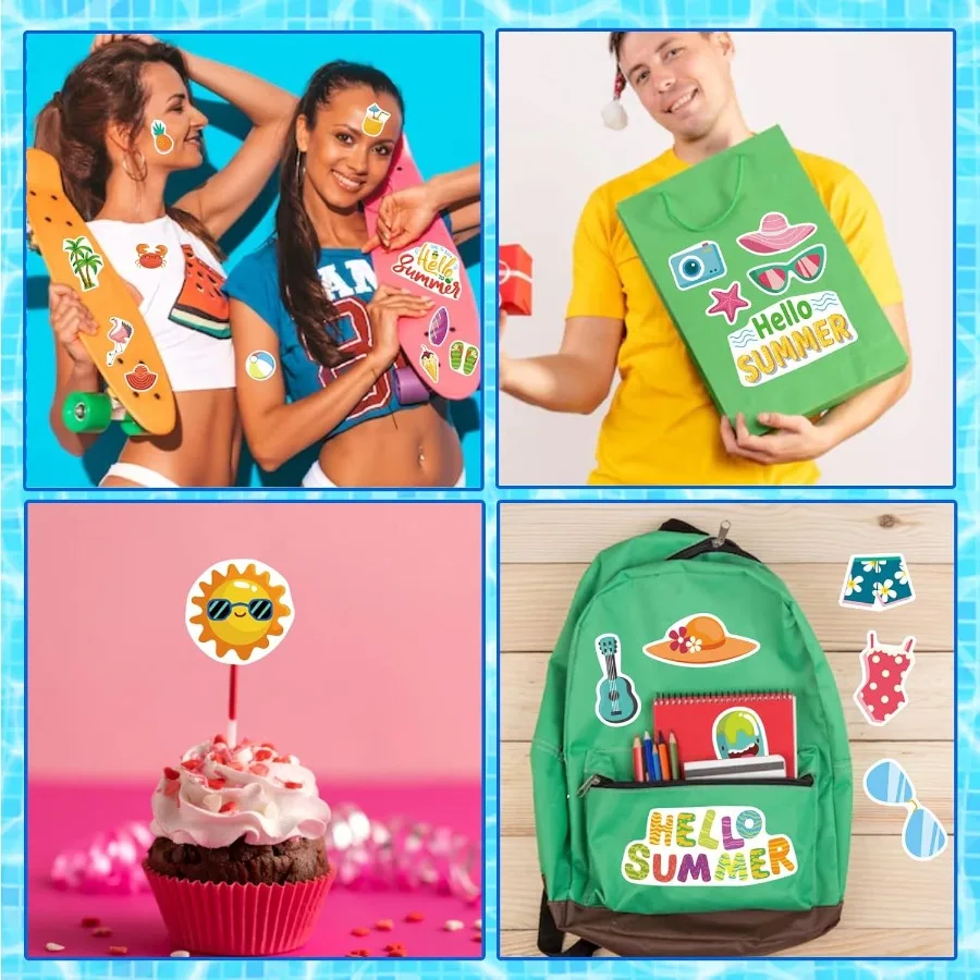 24 ورقة من ملصقات الشاطئ الصيفية الاستوائية لتزيين حفلات Luau هاواي: تصميم الشمس والبطيخ والبيرة والآيس كريم والأناناس