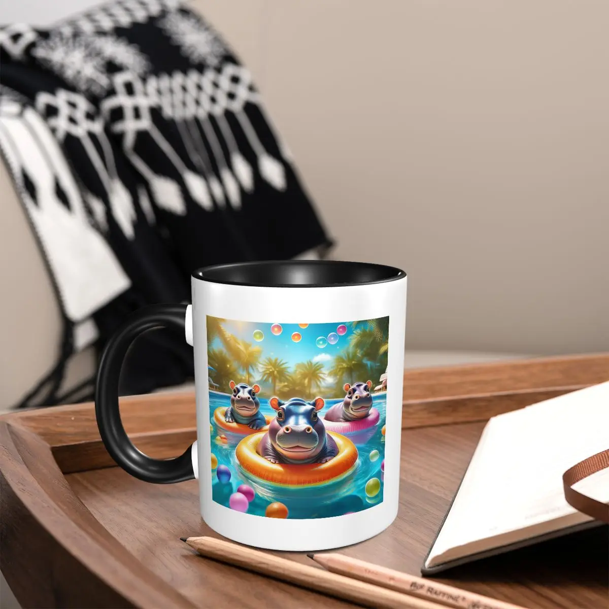 Baby Hippos Floating With Rubber Rings And Bubbles Mug Funny Ceramic Coffee Cups Tea Mugs Milk Cup Drinkware Gift for Woman Man