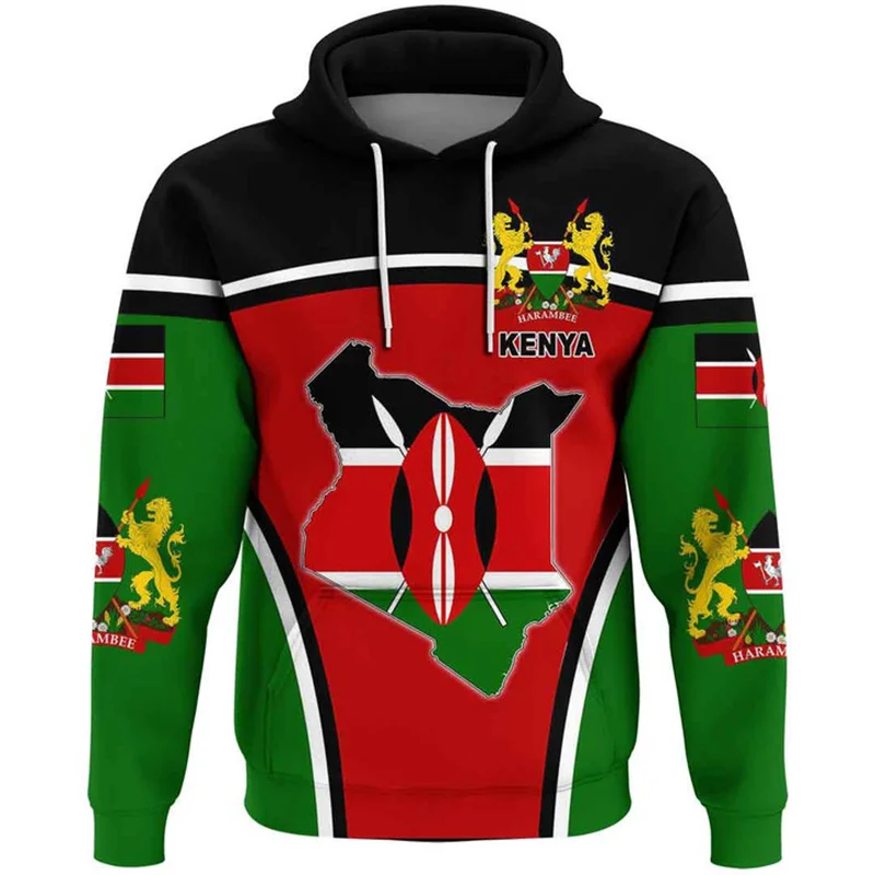 3D Printing The Republic-of Kenya Map Flag Hoodies Kenya Ethnic Emblem Graphic Hooded Hoody Vintage Mens Clothing Sweatshirts