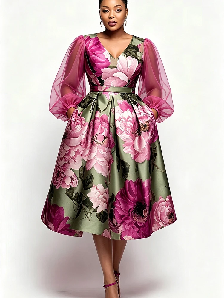 Romper Floral Print - Plus Size Women Floral Midi Dress