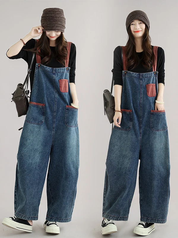 Loose Fit Denim Overalls Women's Casual Vintage Pocket Detail plus Size Straight Leg Jeans Comfortable Autumn Blue Polyester