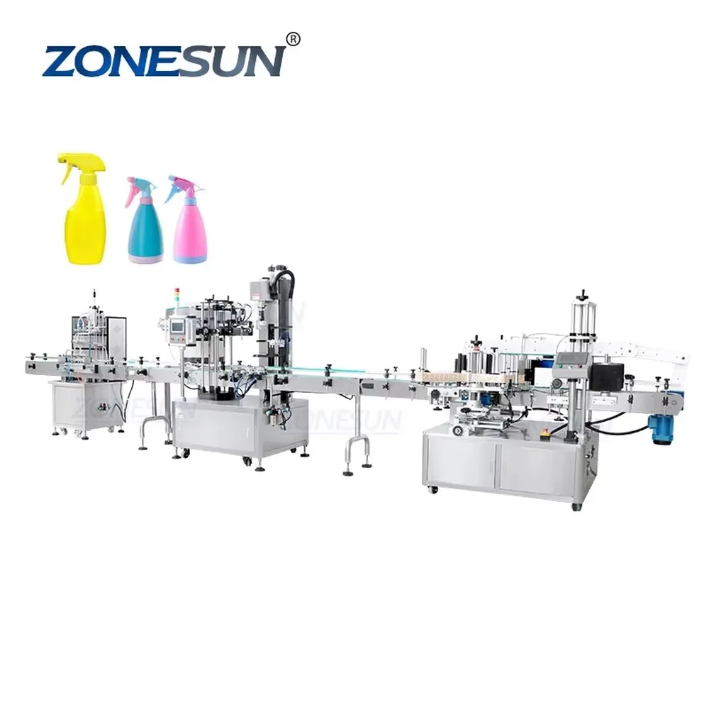 Automatic Trigger Spray Bottle Liquid Filling Capping Flat Bottle Labeling Machine Double Sided High Efficiency ZONESUN