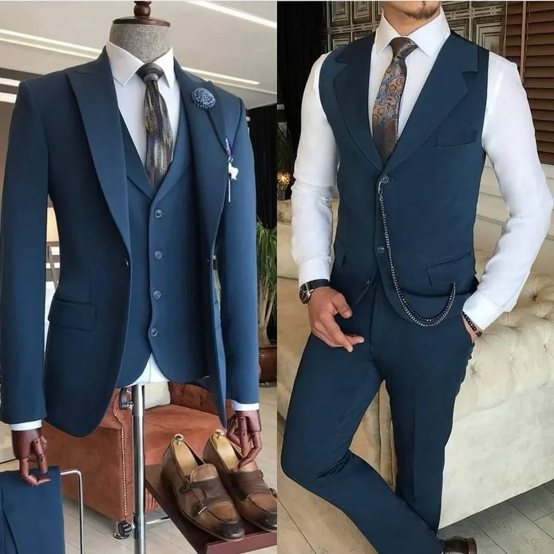 Blazer à Revers Patricia Bleu Foncé pour Homme, Veste et Pantalon Élégants, Décontractés et Intelligents, Coupe Cintrée, de Haute Qualité, Ensemble 3 Pièces