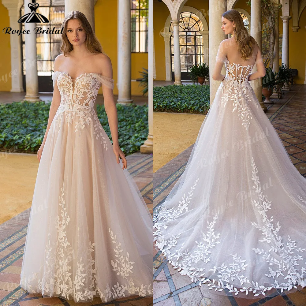 Off Shoulder Glitter Tulle A Line Wedding Dress Leaf Lace Curvy Fit Bridal Gown With Full Boned Illusion Low Back Customized