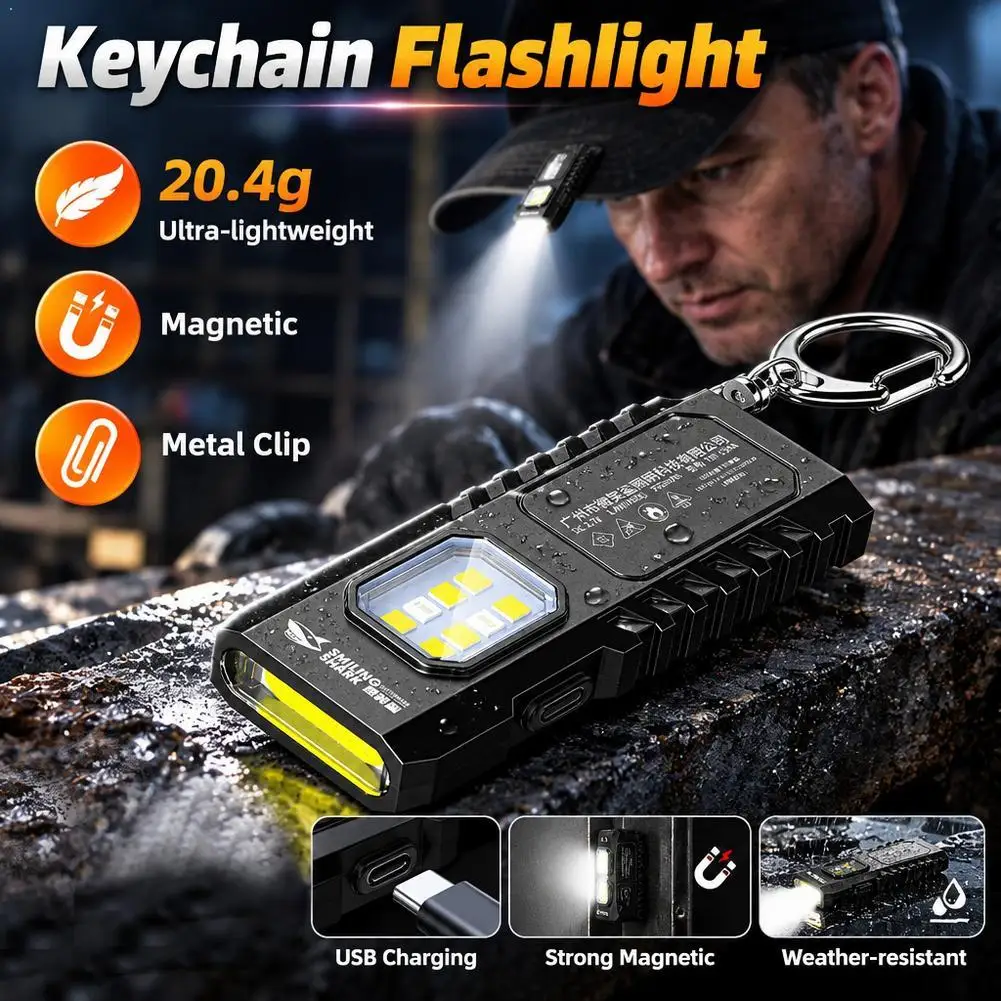 Mini Keychain Flashlight Rechargeable Pocket COB Working Light Outdoor Hook Emergency Warning Light for Camping Walking Hiking