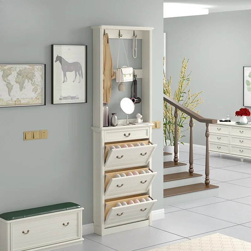 

American pure solid wood small apartment 80/1 meter tipping bucket shoe cabinet with coat rack, white porch shoe rack cabinet at