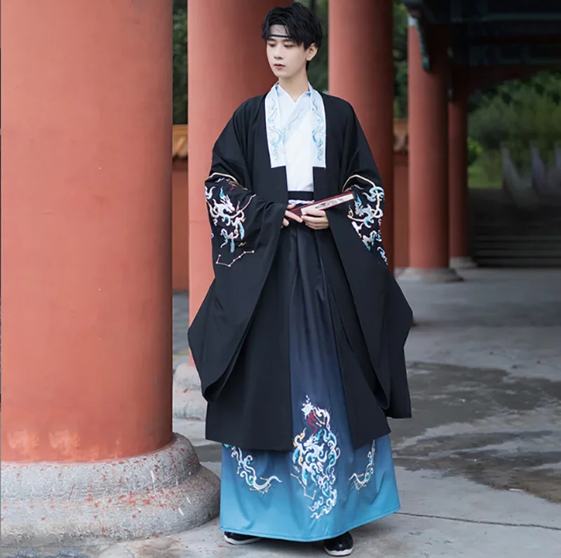 Ukuran besar 6XL Cina kuno Hanfu kostum Cosplay Karnaval Pria bordir gradien Hanfu hitam & biru set untuk pria ukuran besar