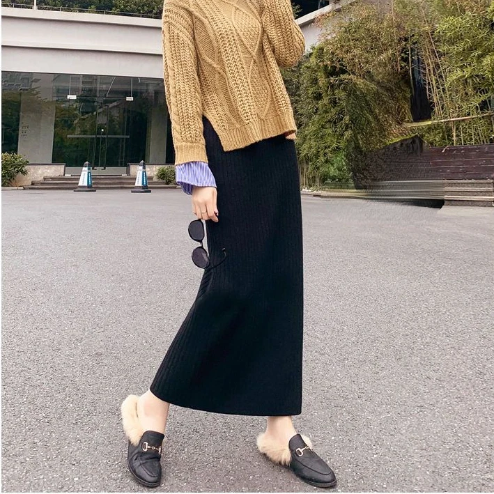 

Knitting Midi Skirts Women Casual Solid Elegant Females Screw Thread Warm Straight Elastic High Waist Korean Fashion T112