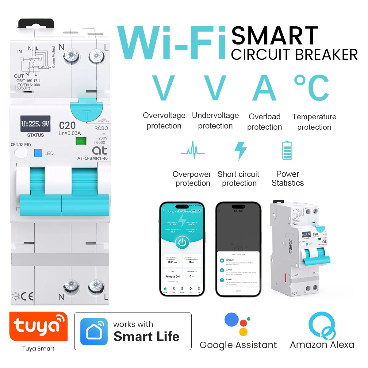 AT Tuya WiFi Smart Circuit Breaker with LED Display RCBO 40A Earth Leakage Protection Wireless Remote Control Switch Smart Life