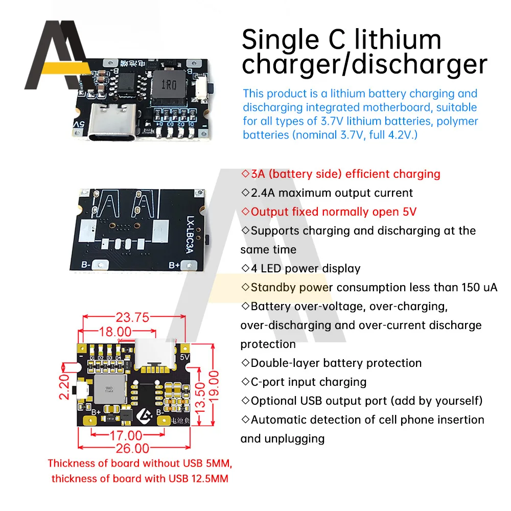 Módulo de Potência Step-Up, Tipo-C USB, 18650 Carga da Bateria de Lítio, Descarga Boost, Placa Ajustável Integrada, 5V, 3.1A