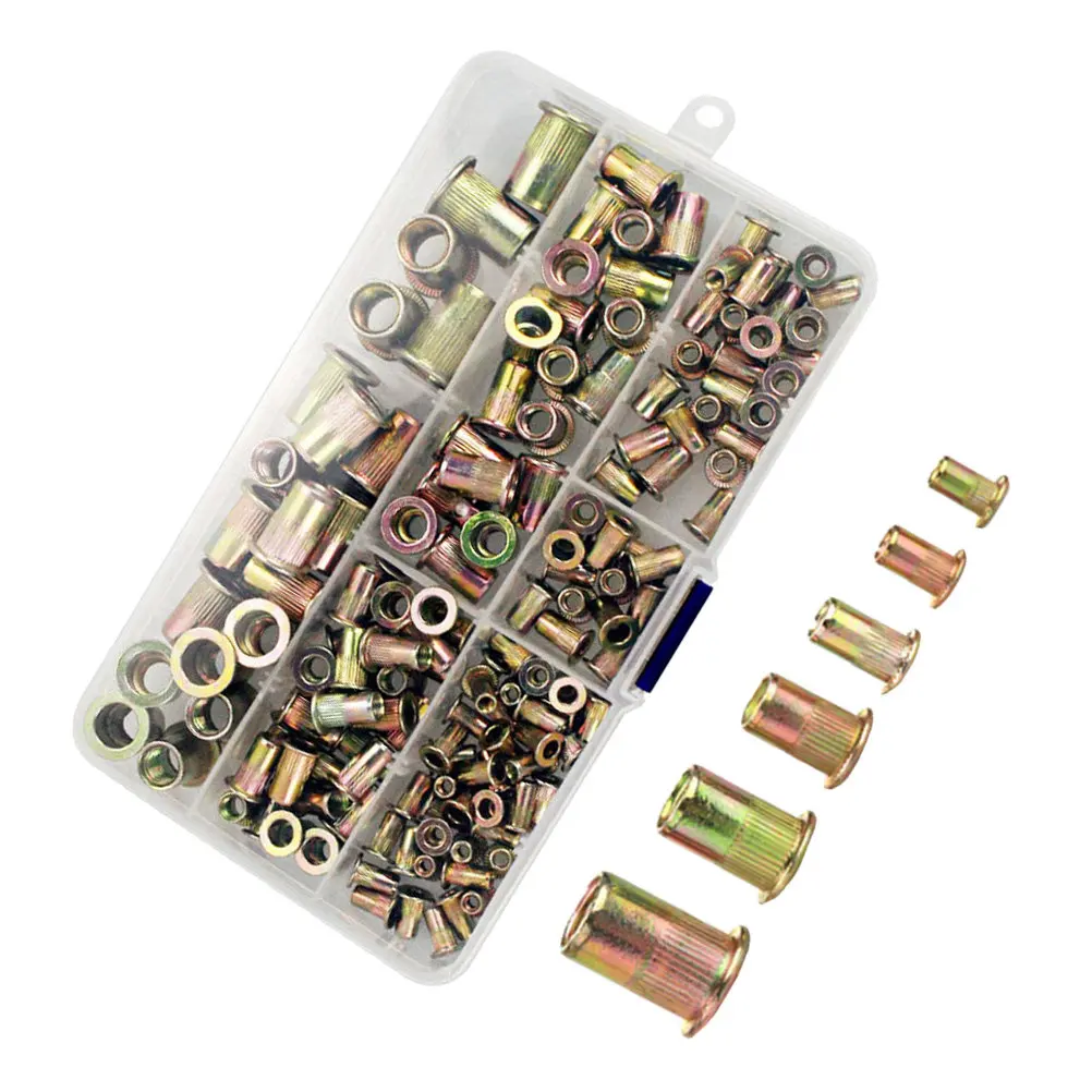 150Pcs Zinc Plated Rivet Nuts Stainless Steel Flat Head Threaded Insert Assortment for Automotive Furniture