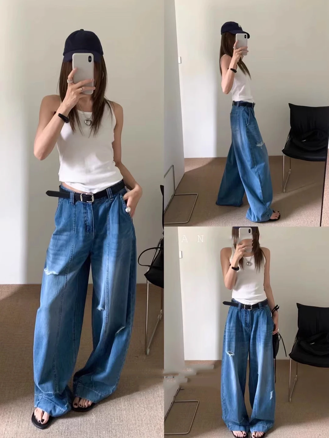 

High Waist Wide Leg Denim Jeans Women's Summer Thin Material Loose Casual Slimming Long Pants Casual Style Torn Denim