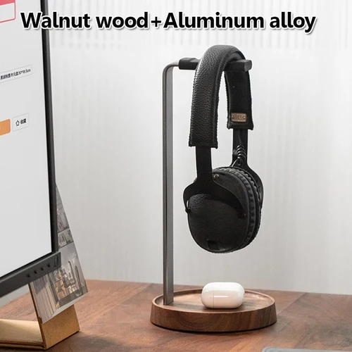 Imagen 1 del producto Soporte Universal de madera para auriculares, nogal negro + aleación de aluminio, soporte para auriculares para juegos, estante de exhibición de escritorio, ahorro de espacio