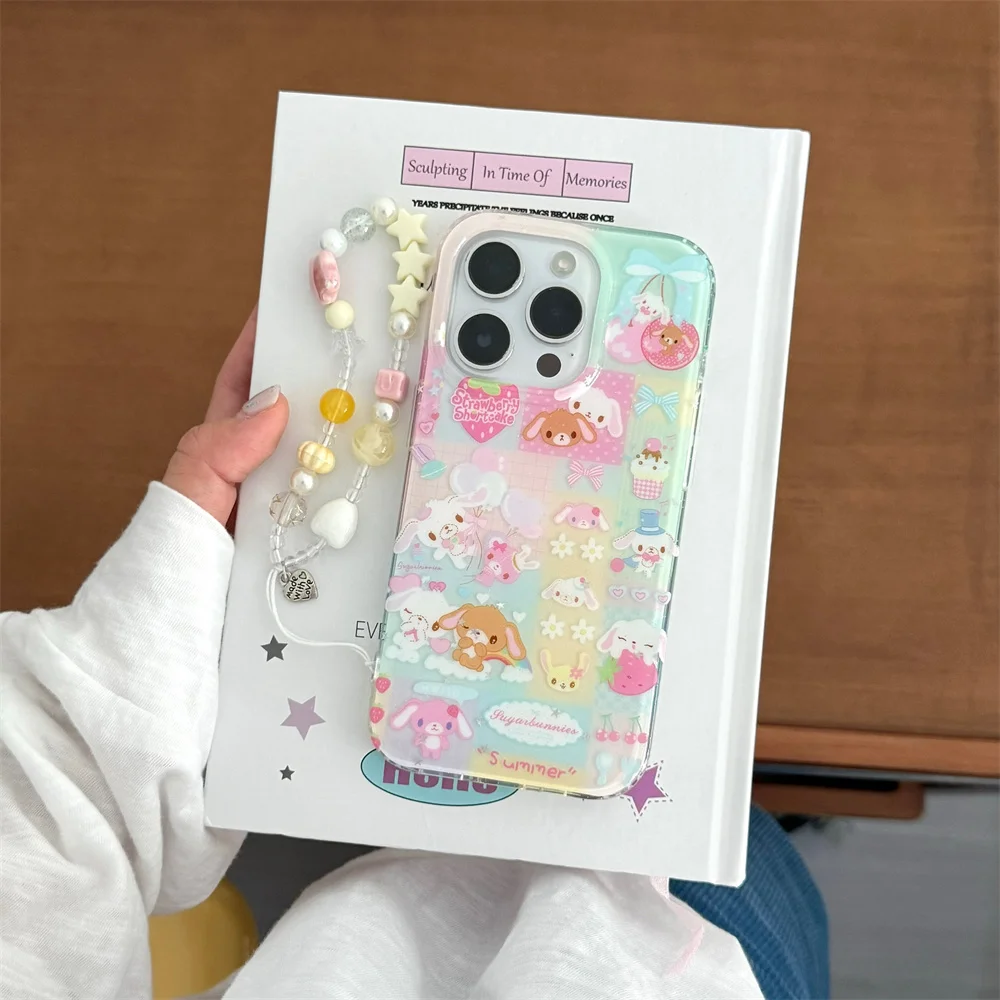 

Kawaii phone case dessert bear rabbit protective cover for iPhone 13 14 15 16 Pro Max Fundas with hinge cartoon shockproof cover