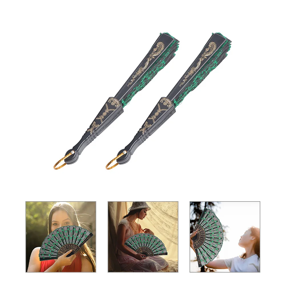 

2Pcs Chinese Folding Fan Embroidered Peacock Design Vintage Handheld Retro Dance Fan Foldable Lightweight Summer Accessory Wall