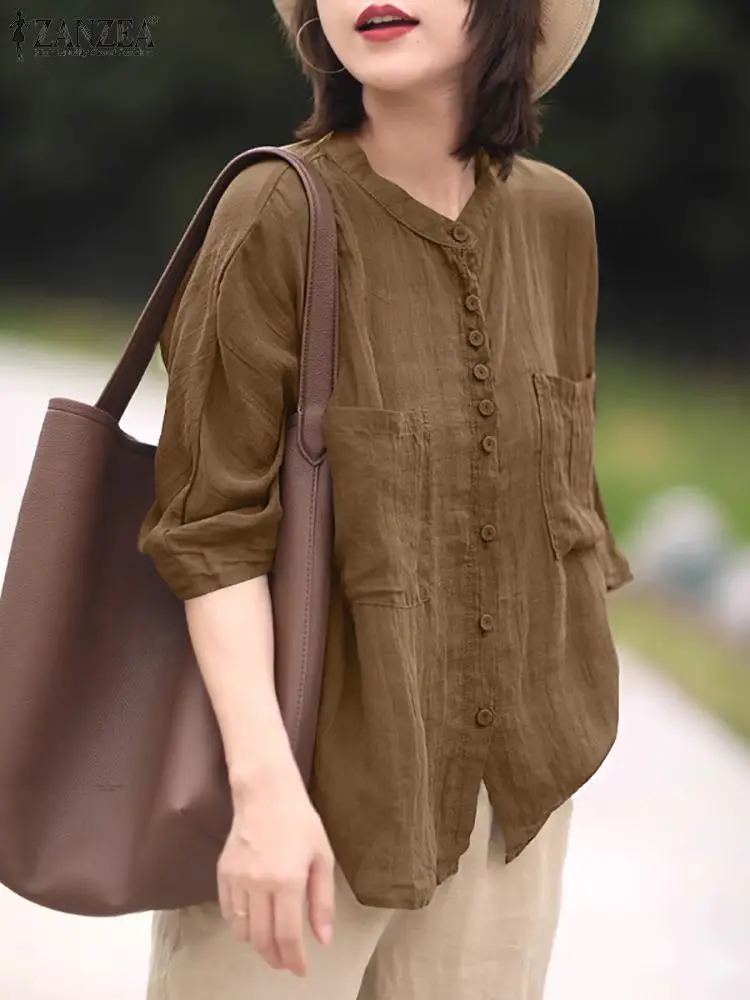 ZANZEA Summer Elegant Street Tops Femme Vintage Front Pockets Chemise 3/4 Sleeve O-Neck Shirt Woman Casual Holiday Blouse 2024