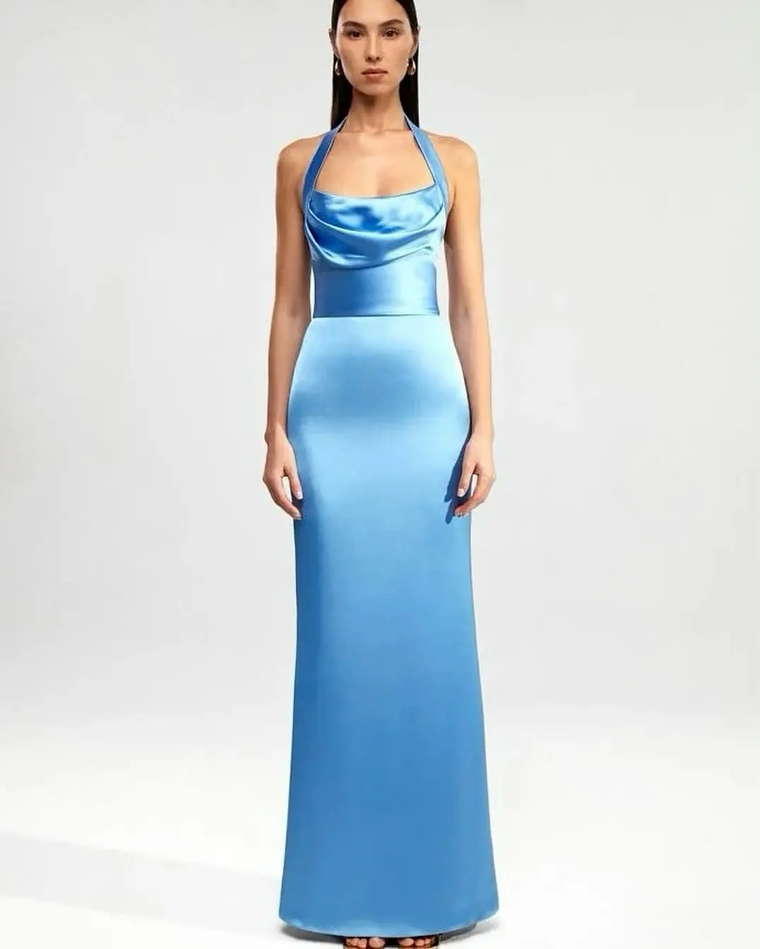 

Customized Formal Mermaid Blue Satin and Velvet Evening Dresses Classic Halter Zipper Back Sleeveless Backless Celebrity Gowns