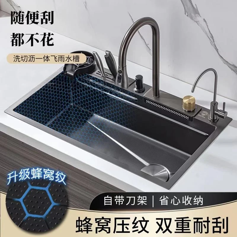 Waterfall Kitchen Sink Topmount Single Bowl Wash Basin Stainless Steel Workstation with Drain Accessories Knife Holder Faucet