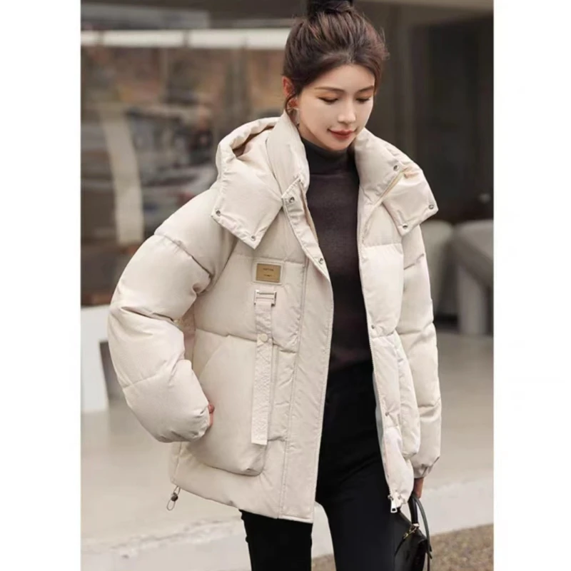 Chic Cotton-padded Coat Warm Winter Women\'s Clothing Short Puffer Jacket Hooded Parkas Pocket Long Sleeve Solid Zipper Jacket