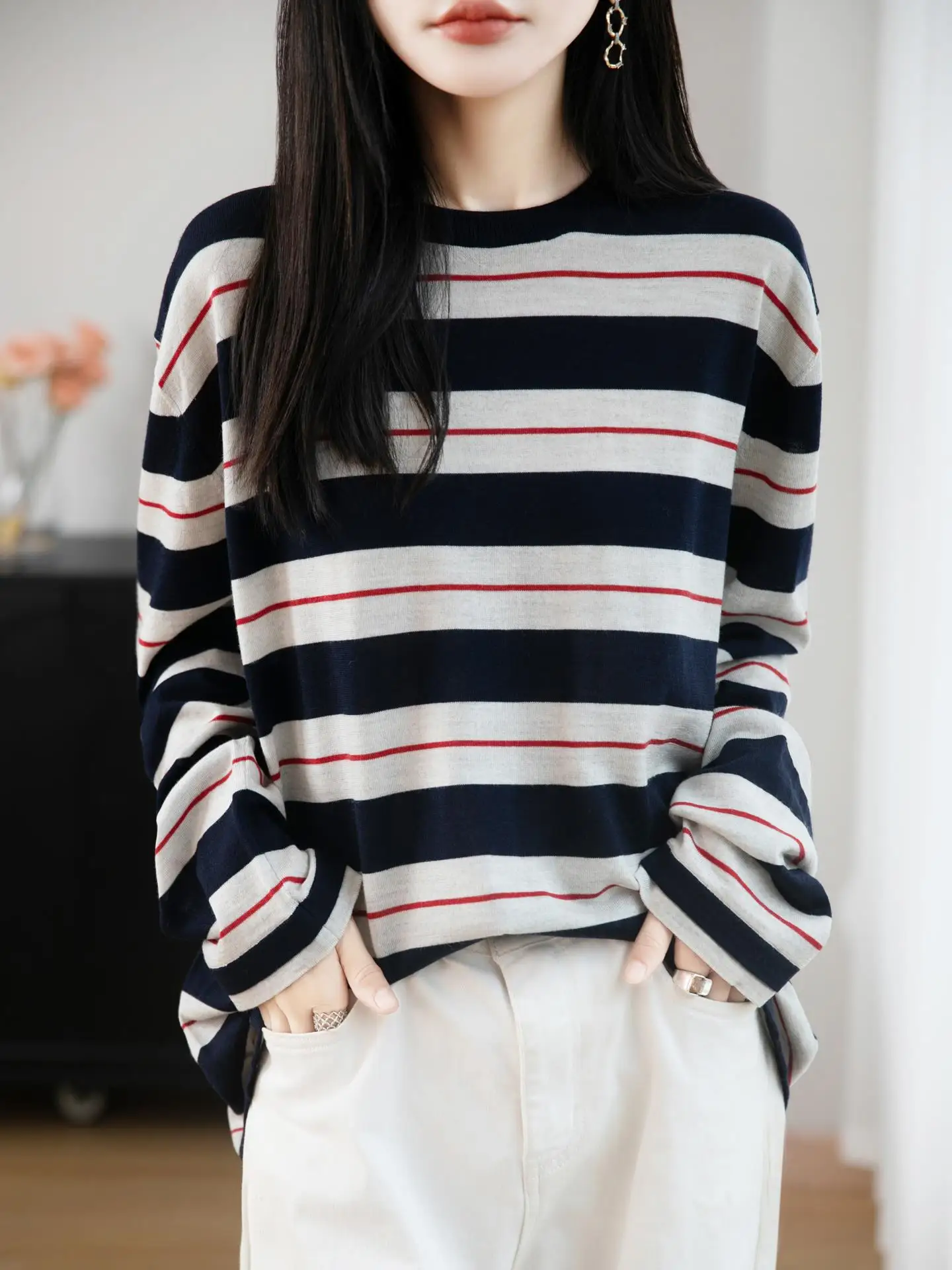 

Ele Striped Color Blo round Ne Knitwear Women's Early Autumn Loose Lazy Sle Long Sve Base irt Sweater