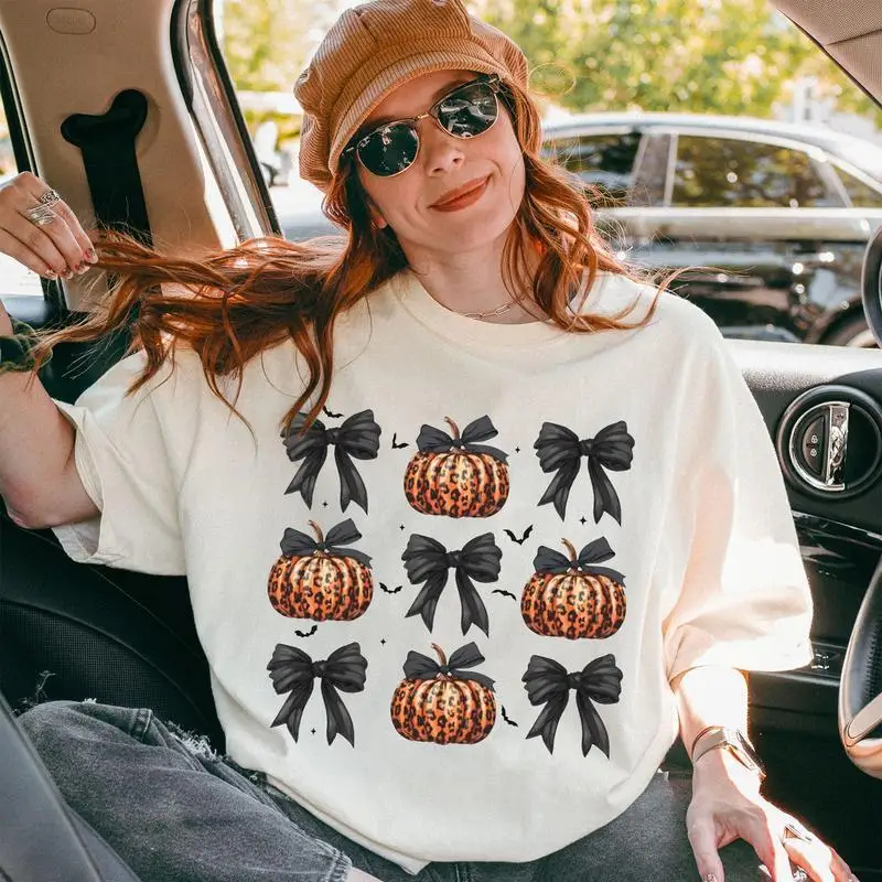 

Halloween Leopard Pumpkin Sweatshirt, Cute Spooky Bow Graphic Top, Fall Aesthetic Crewneck, Women's Oversized Seasonal Jumper