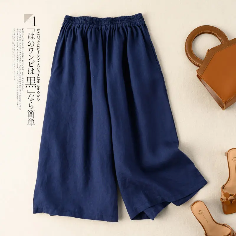 

Casual Cotton and Linen Women's Pants Solid Loose Elastic Waist Seven-point Pants Retro Summer New Black Straight Wide Leg Pants