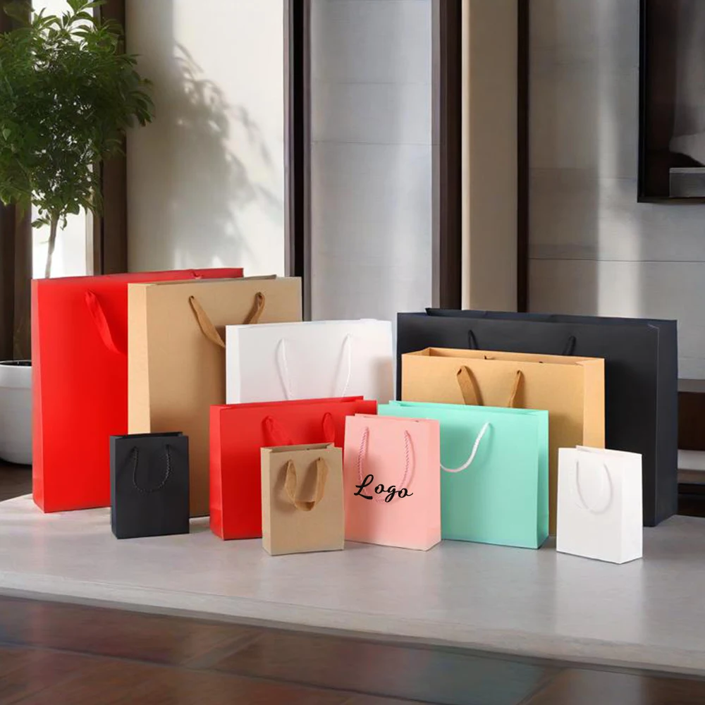 

50pcs Bulk Custom Logo Tote Bags Paper Gift Bags 15x6x20cm Reinforced Handle Boutique Retail Bridal Showers Small Business Brand